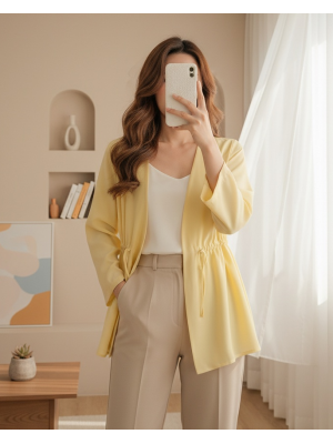 Modal Kimono with Waist Tunnel and Tie -Light yellow