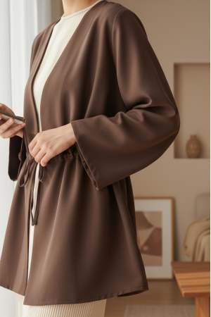 Beli Tünel Bağcıklı Modal Kimono  -Kahve