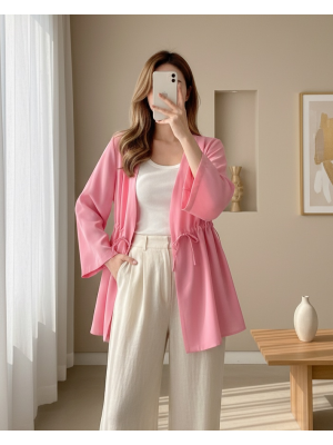 Modal Kimono with Waist Tunnel and Tie -Pink