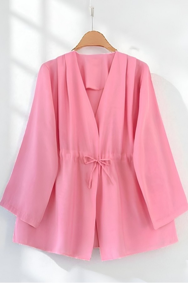 Beli Tünel Bağcıklı Modal Kimono  -Pembe