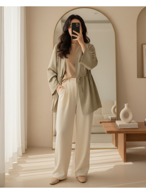 Modal Kimono with Waist Tunnel and Tie -Olive