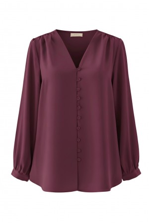 V Yaka Düğmeli Arkası Uzun Gömlek  -Bordo