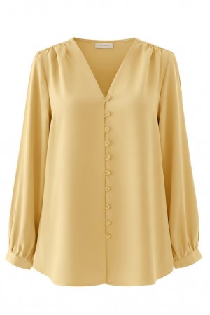 V Yaka Düğmeli Arkası Uzun Gömlek  -Sarı