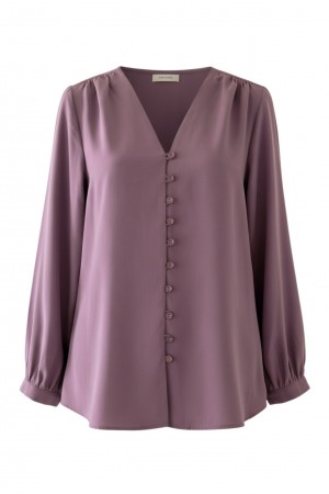 V Yaka Düğmeli Arkası Uzun Gömlek  -Vişne