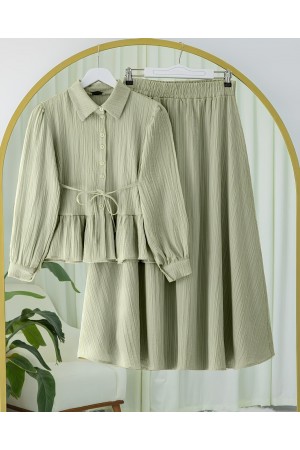 Skirt Suit with Frilled Buttons and Tied Waist   -Olive