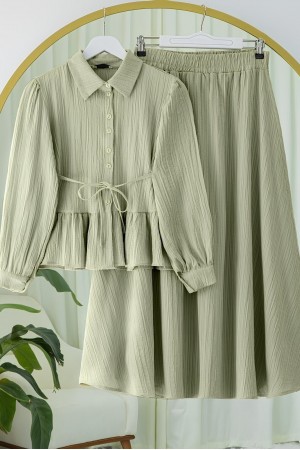 Eteği Fırfırlı Düğmeli Beli Bağcıklı Etekli Takım   -Zeytin