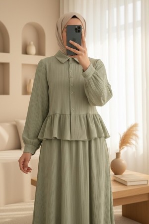 Eteği Fırfırlı Düğmeli Beli Bağcıklı Etekli Takım   -Zeytin