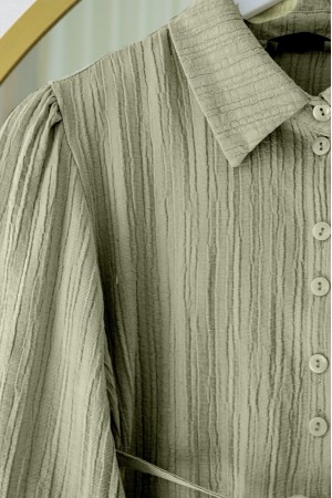 Eteği Fırfırlı Düğmeli Beli Bağcıklı Etekli Takım   -Zeytin