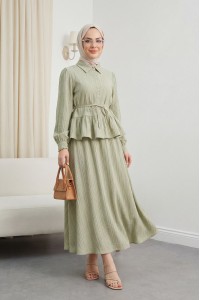Eteği Fırfırlı Düğmeli Beli Bağcıklı Etekli Takım   -Zeytin
