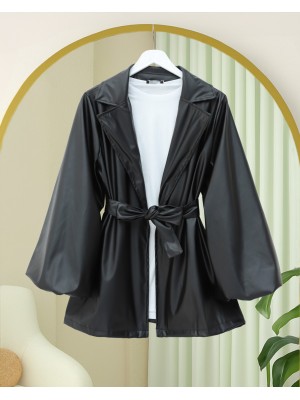 Balloon Sleeve Belted Leather Jacket -Black