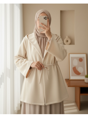 Önü Tünel Bağcıklı Scuba Kimono -Bej