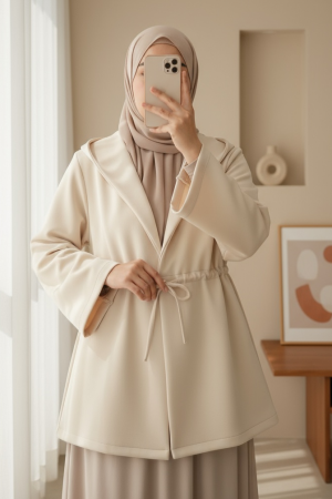 Önü Tünel Bağcıklı Scuba Kimono -Bej