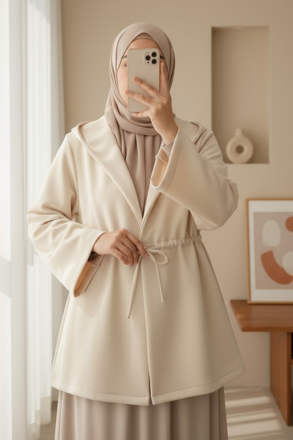 Önü Tünel Bağcıklı Scuba Kimono -Bej