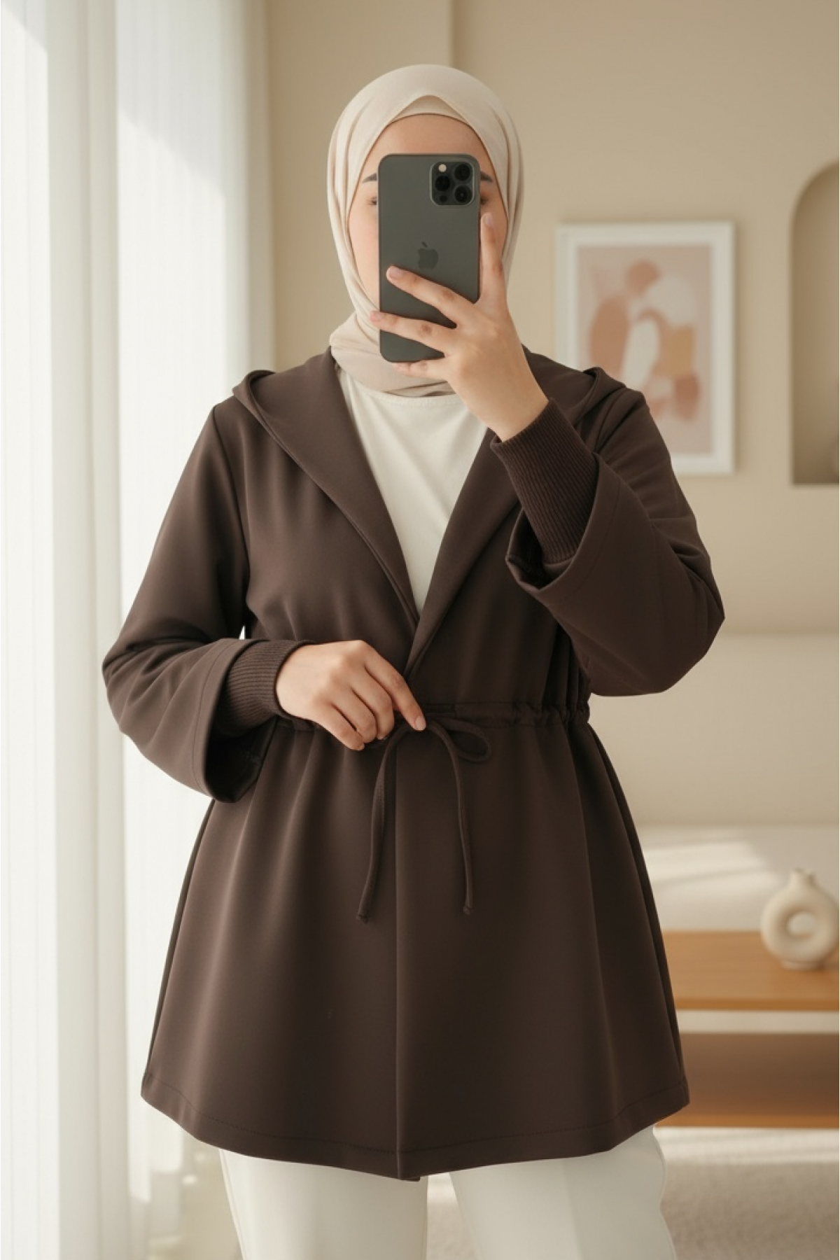 Önü Tünel Bağcıklı Scuba Kimono -K. Kahve