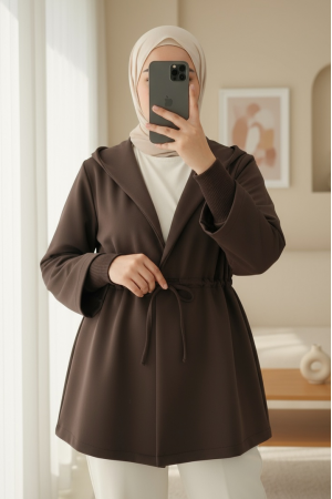 Önü Tünel Bağcıklı Scuba Kimono -K. Kahve