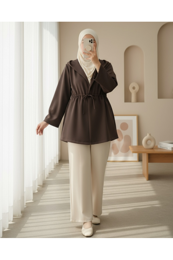 Önü Tünel Bağcıklı Scuba Kimono -K. Kahve