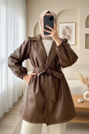 Çift Cepli Düğmeli Kolu Lastikli Deri Kap  -Taba