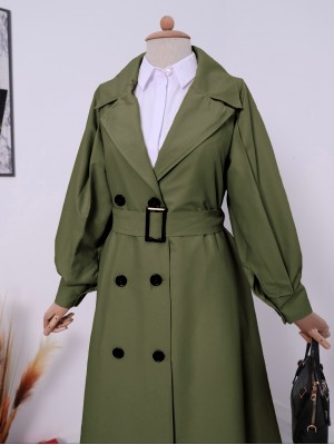 Balon Kol Tokalı Kemerli Yan Cepli Trençkot    -Haki