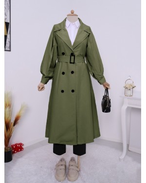 Balon Kol Tokalı Kemerli Yan Cepli Trençkot    -Haki