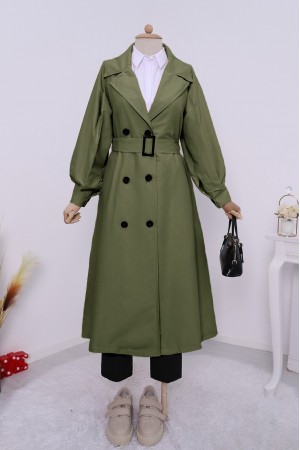 Balon Kol Tokalı Kemerli Yan Cepli Trençkot    -Haki