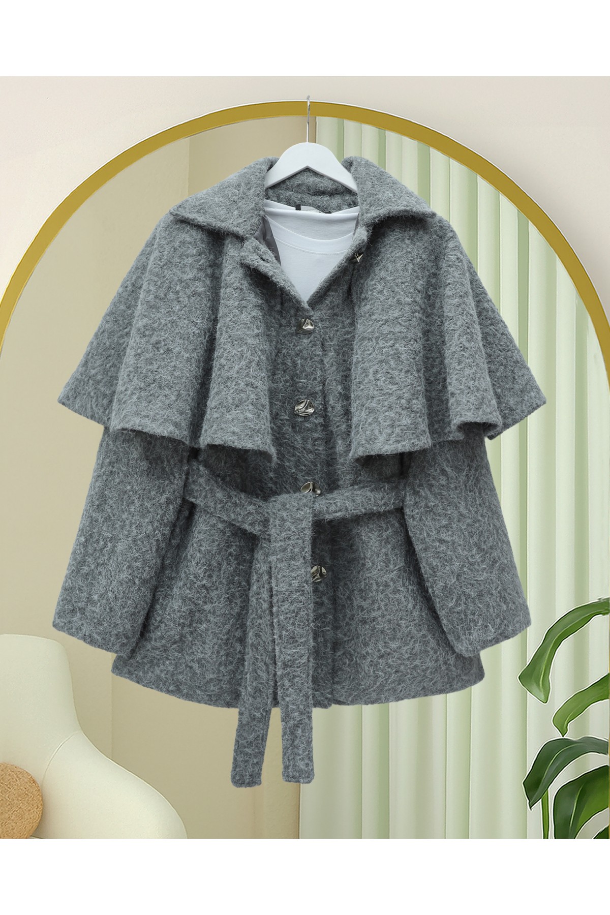 Bolero Waist Belt Buttoned Cashmere Cape -Grey