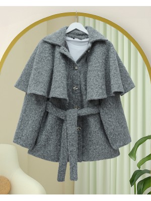 Bolerolu Beli Kemerli Düğmeli Kaşe Kap  -Gri