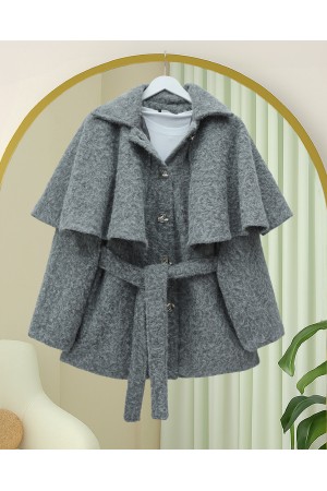 Bolerolu Beli Kemerli Düğmeli Kaşe Kap  -Gri