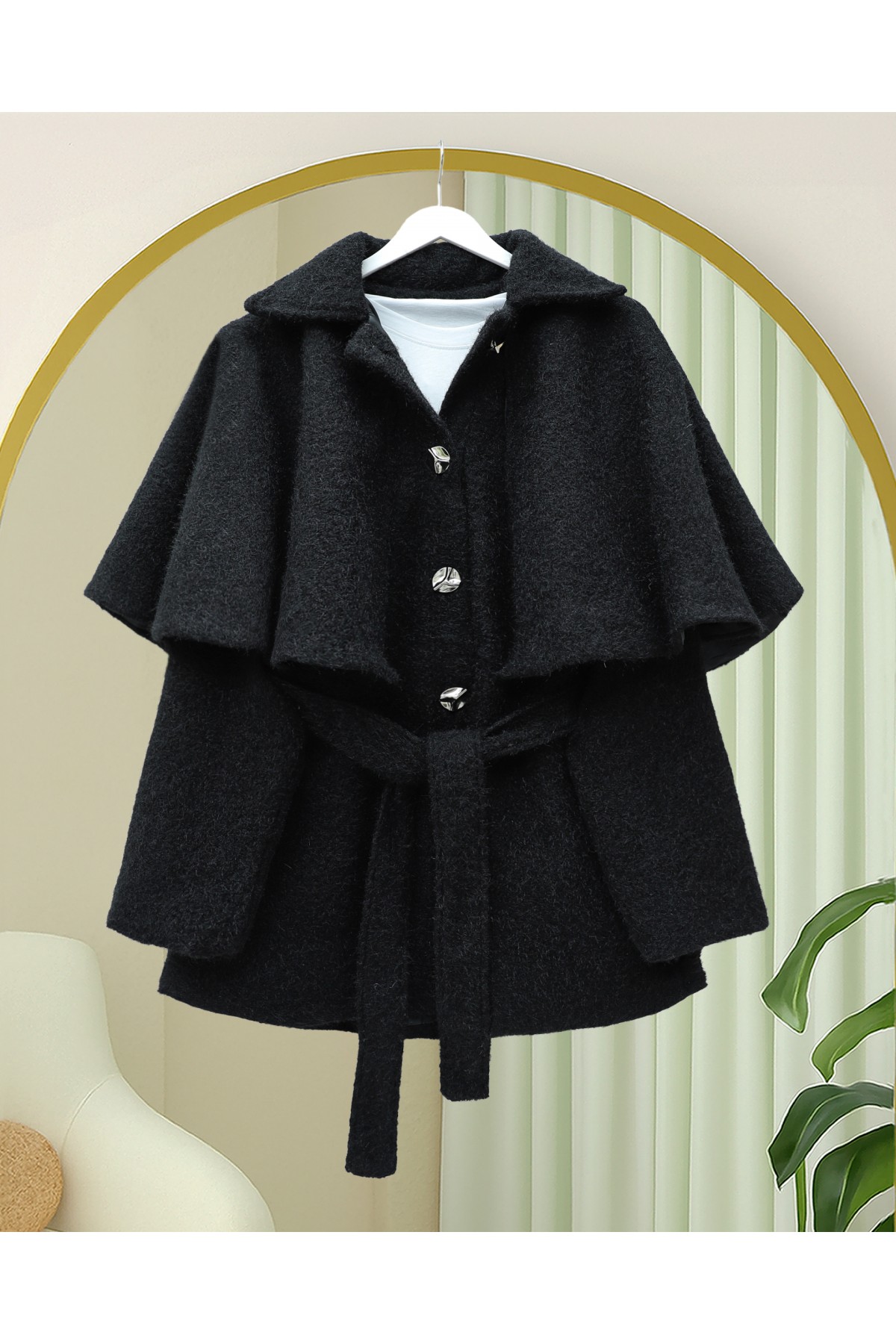 Bolero Waist Belt Buttoned Cashmere Cape -Black