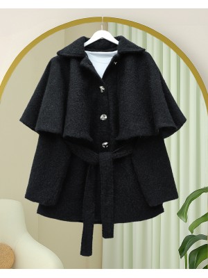 Bolerolu Beli Kemerli Düğmeli Kaşe Kap  -Siyah