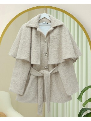 Bolerolu Beli Kemerli Düğmeli Kaşe Kap  -Taş