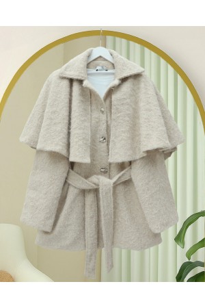 Bolerolu Beli Kemerli Düğmeli Kaşe Kap  -Taş