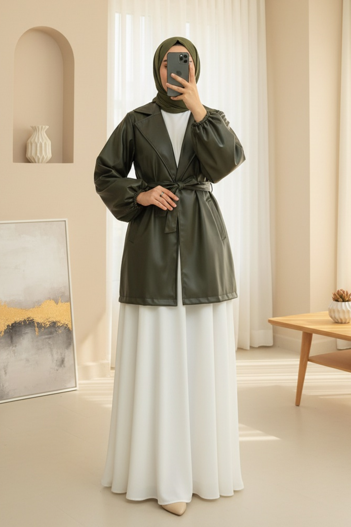 Balloon Sleeve Belted Leather Jacket  -Khaki
