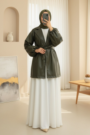 Balloon Sleeve Belted Leather Jacket  -Khaki