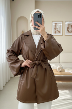 Balloon Sleeve Belted Leather Jacket  -Snuff