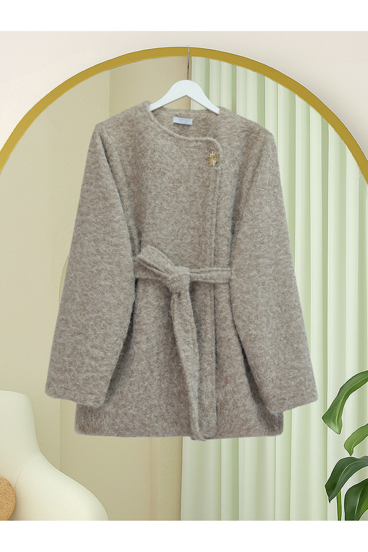 Lined Single-Button Belted Bearded Cape - Beige