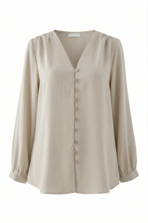 V Yaka Düğmeli Arkası Uzun Gömlek   -Krem
