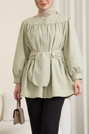 Gizli Düğmeli Kuşaklı Poplin Tunik -Çağla Y.