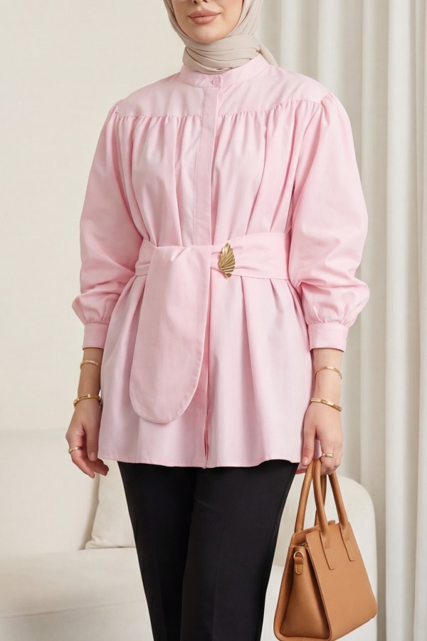 Gizli Düğmeli Kuşaklı Poplin Tunik -Pembe