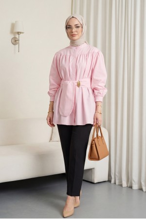 سترة من قماش البوبلين مع زر مخفي وحزام -وردي