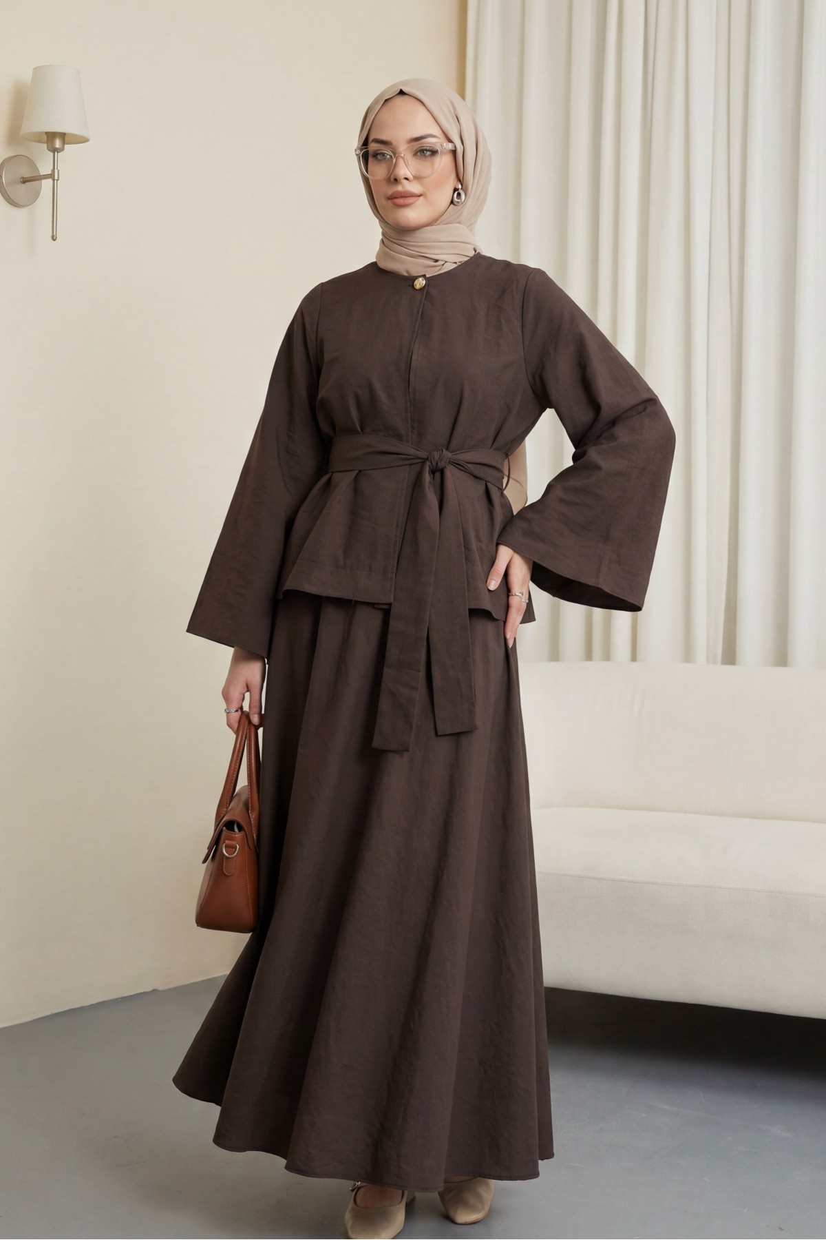 One-Button Belted Skirt Two-Piece Set -Brown