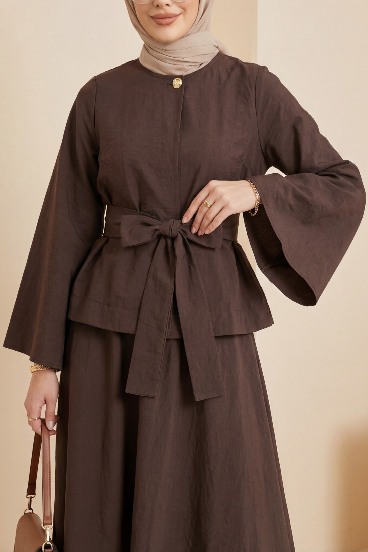 One-Button Belted Skirt Two-Piece Set -Brown
