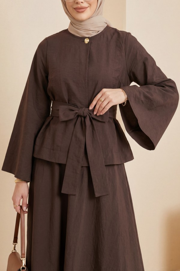 One-Button Belted Skirt Two-Piece Set -Brown