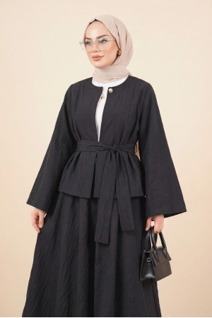 Tek Düğmeli Kuşaklı Etekliİkili Takım -Siyah