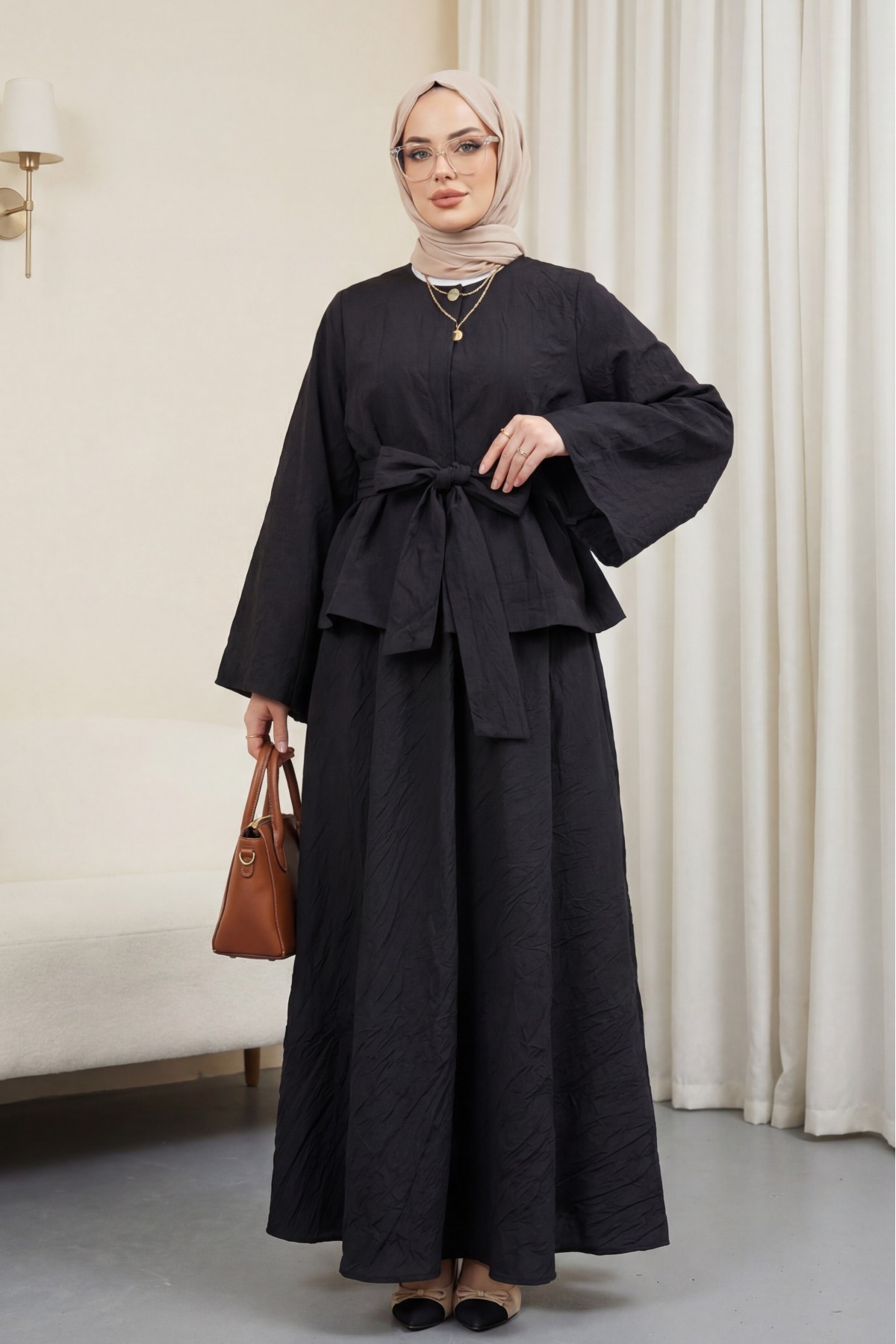 One-Button Belted Skirt Two-Piece Set -Black