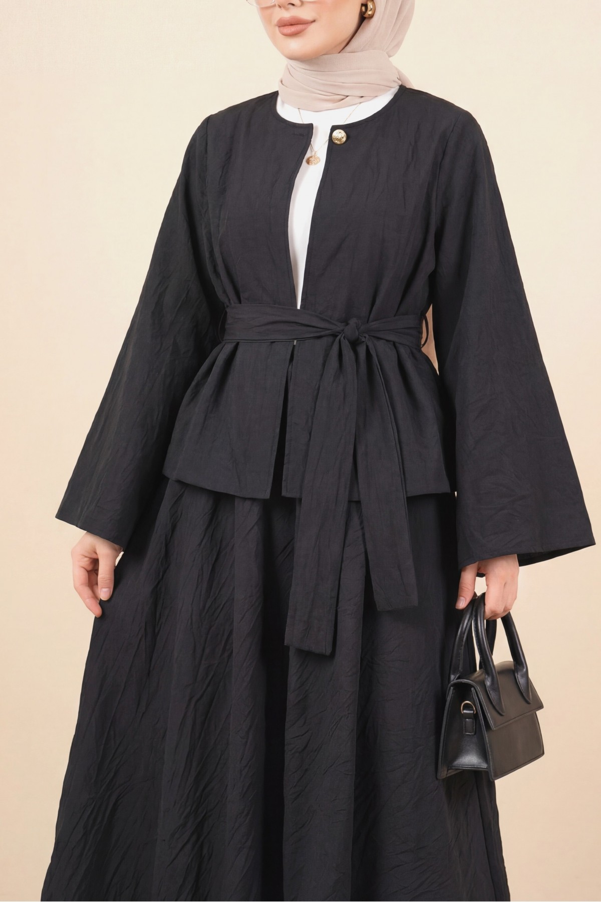 One-Button Belted Skirt Two-Piece Set -Black
