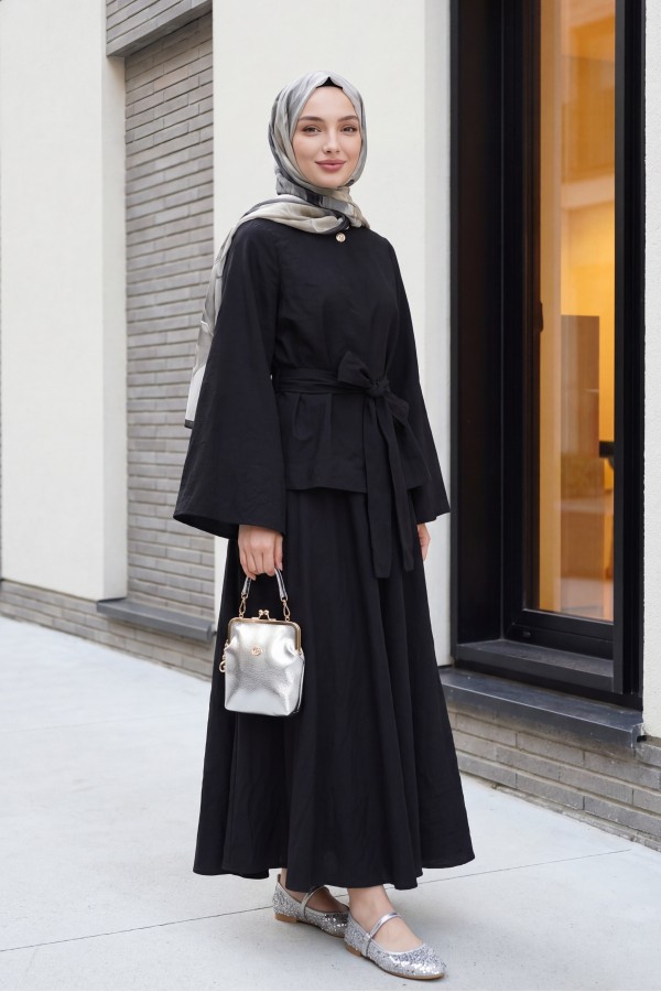 One-Button Belted Skirt Two-Piece Set -Black