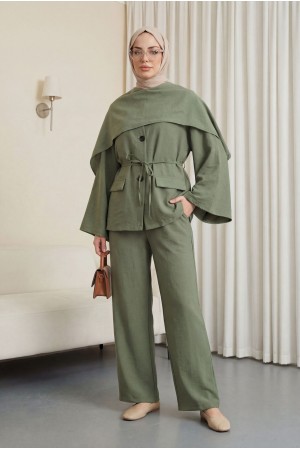 Pocket Detail V-Neck Drawstring Parachute Suit with Scarf -Khaki
