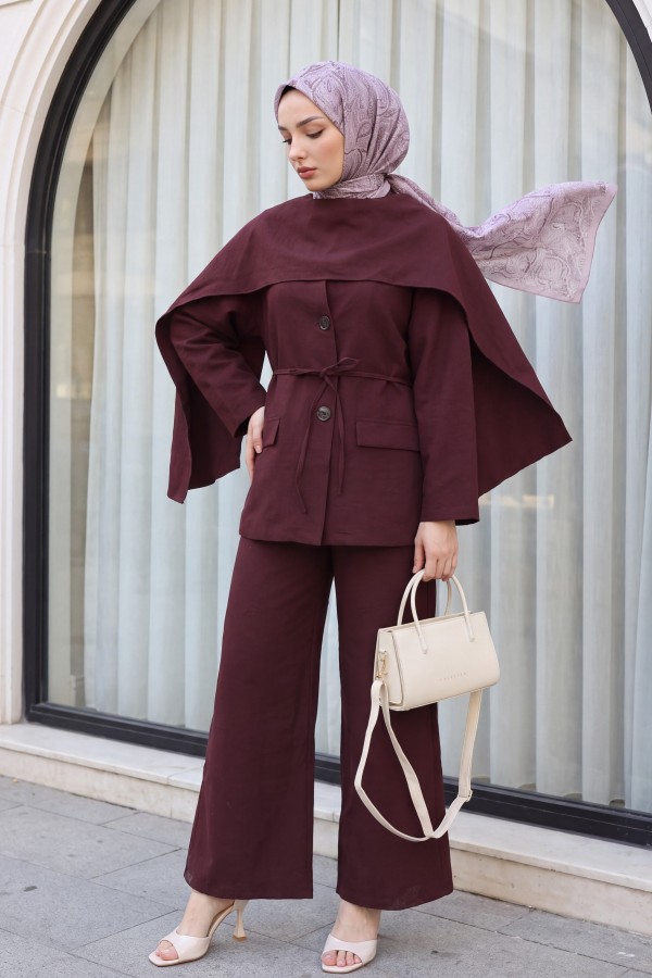 Pocket Detail V-Neck Drawstring Parachute Suit with Scarf -Dark Bordo