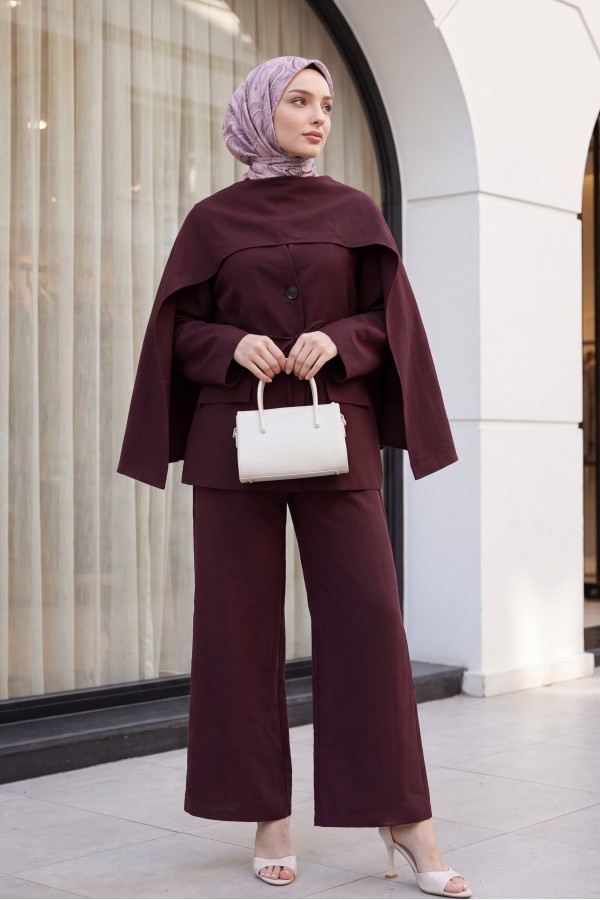 Pocket Detail V-Neck Drawstring Parachute Suit with Scarf -Dark Bordo
