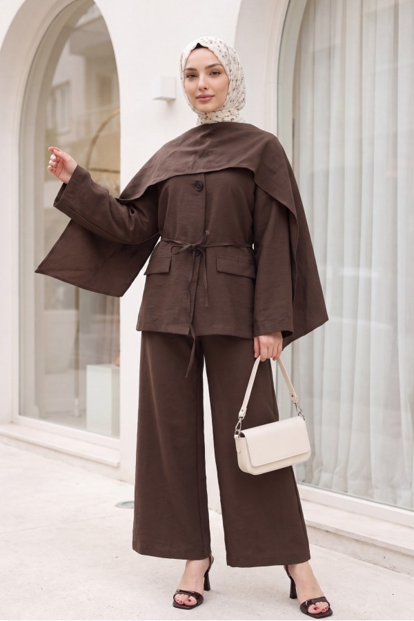 Pocket Detail V-Neck Drawstring Parachute Suit with Scarf -Brown